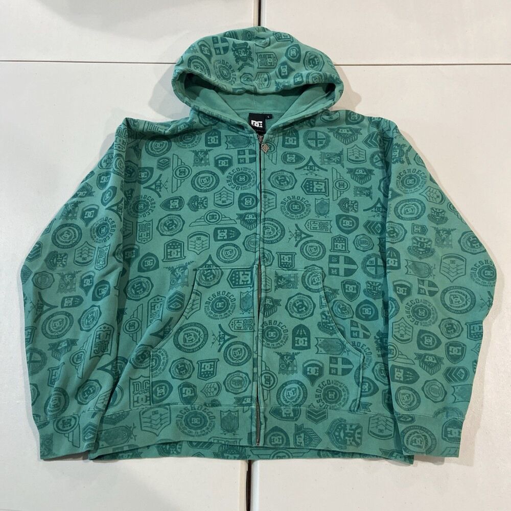 VTG DC Shoes Y2K Green AOP Hoodie Full Zip Up Skater Punk Size Large